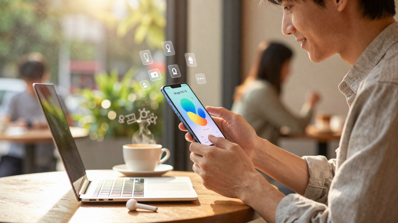 Homem sorridente a usar telemóvel com gráficos digitais, laptop e café numa mesa de café iluminada pelo sol.