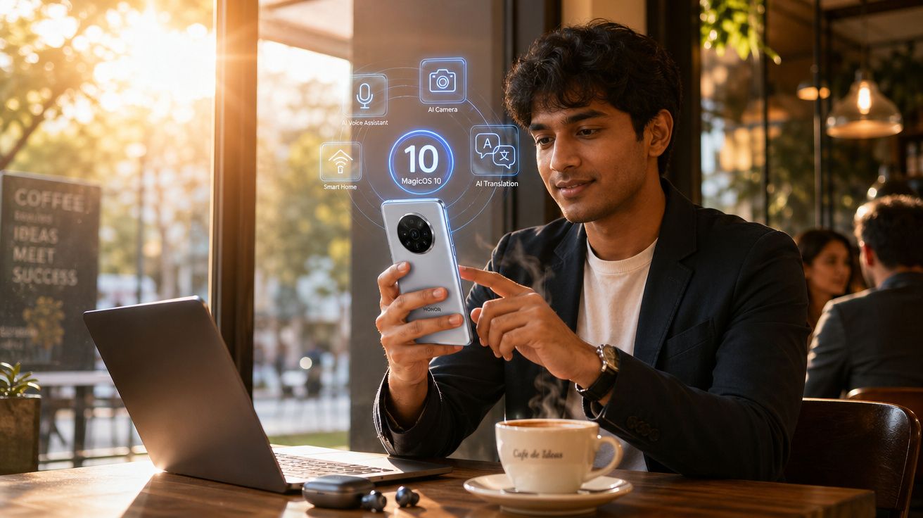 Homem a usar smartphone com funções de IA numa cafetaria, com laptop e chá na mesa.