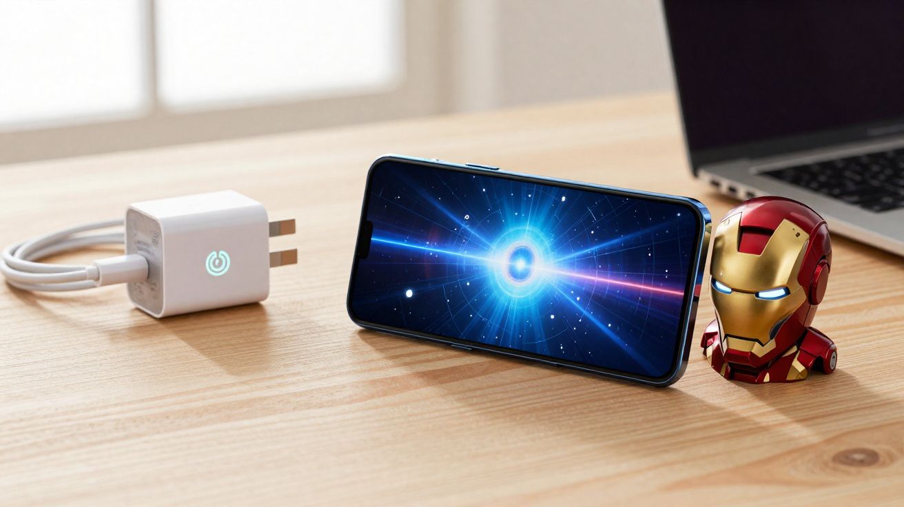 Smartphone com imagem do reator arc de Homem de Ferro, carregador e miniatura da máscara do Homem de Ferro numa secretária.