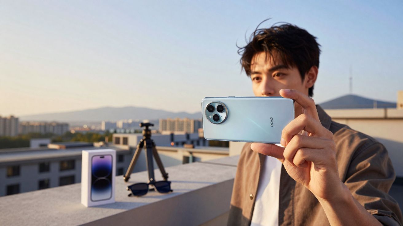 Homem a tirar foto com smartphone Oppo num terraço ao pôr do sol, com caixa do telemóvel, tripé e óculos.