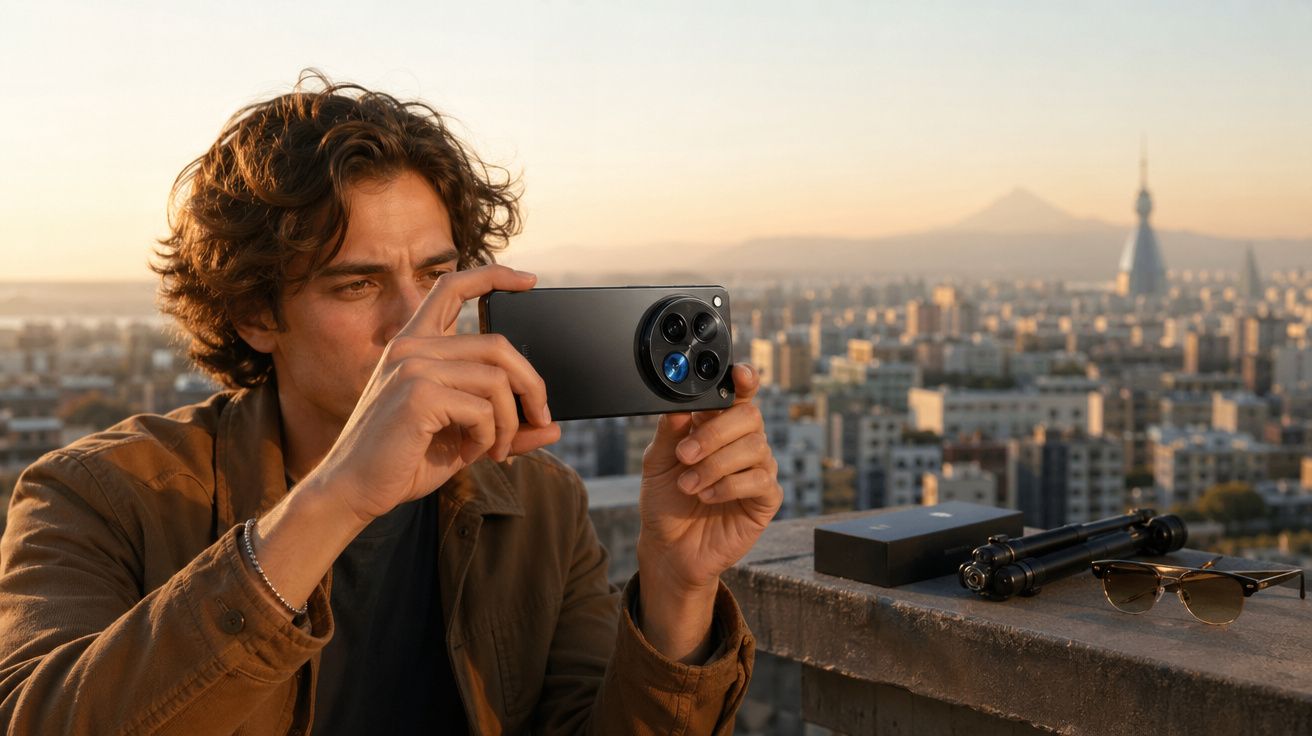 Homem a tirar foto com smartphone preto com tripé e óculos em terraço, cidade e montanha ao fundo.