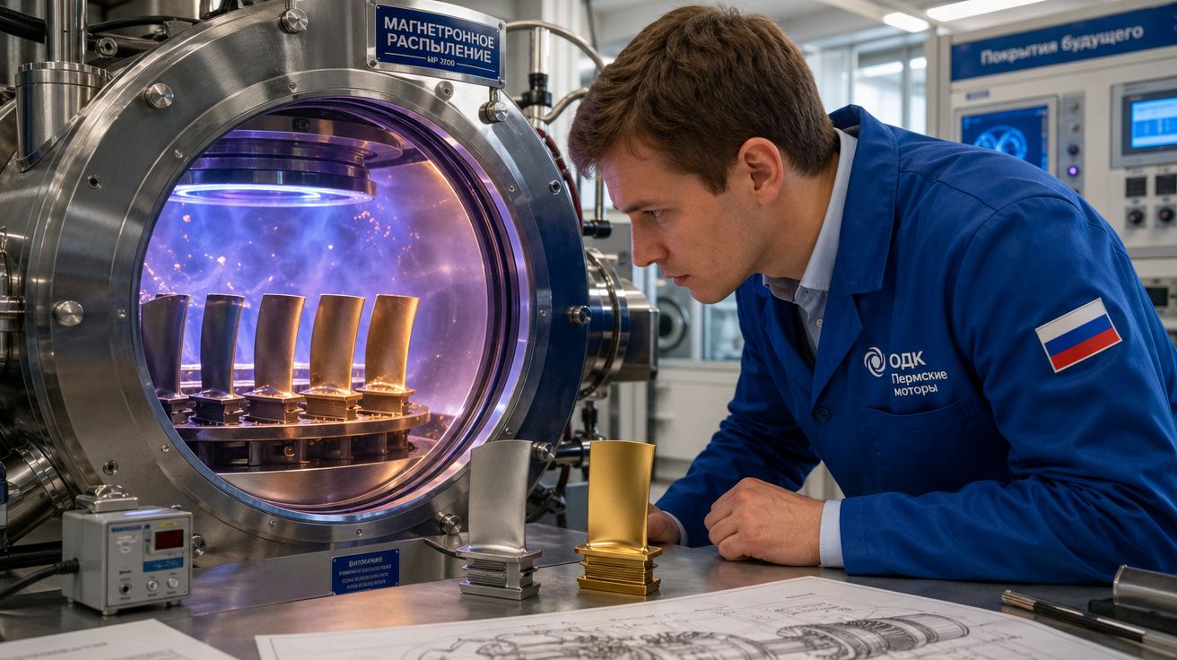 Homem em jaleco azul observa turbinas metálicas dentro de câmara de tecnologia avançada em laboratório.