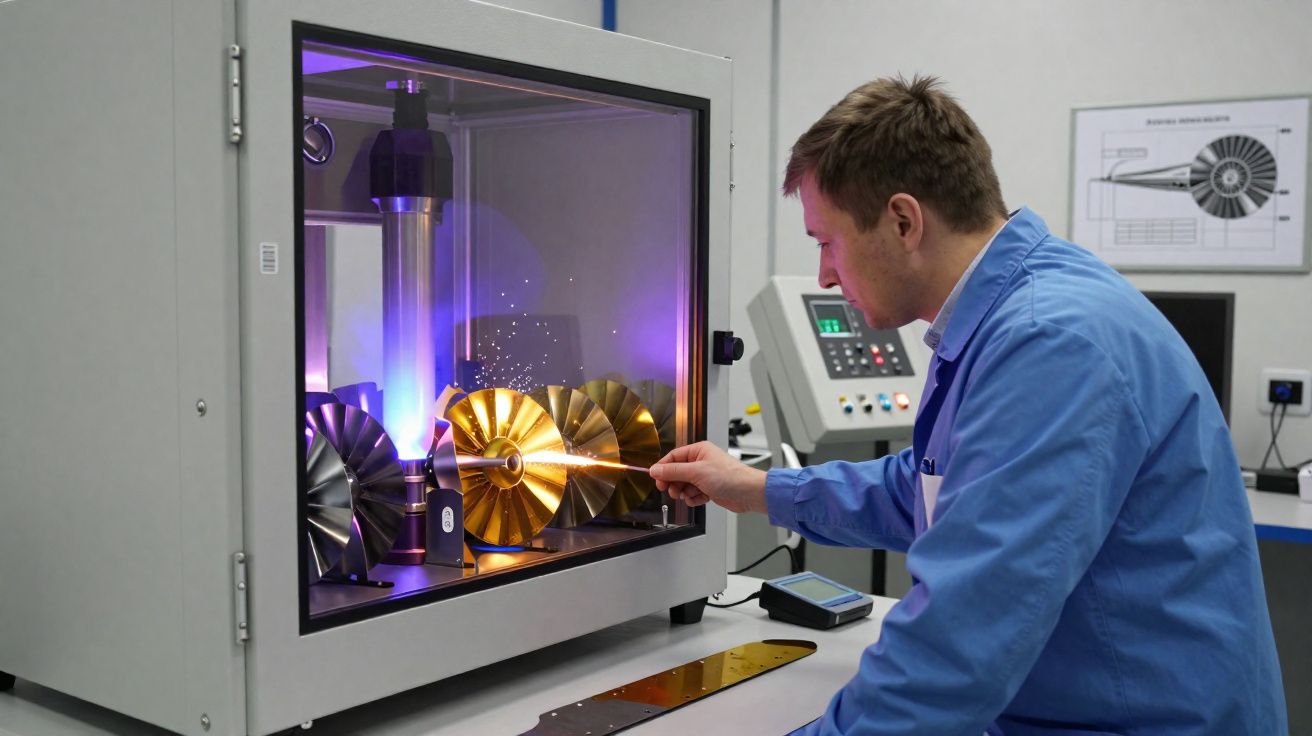 Homem em laboratório a inspecionar turbinas metálicas douradas num equipamento de teste fechado.