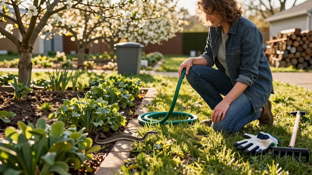 Mulher ajoelhada no jardim com mangueira, observando uma cobra perto das plantas.
