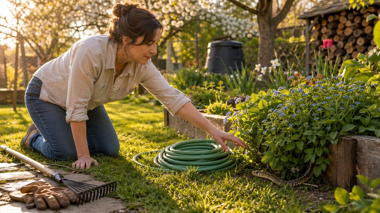 Mulher ajoelhada no jardim a retirar uma cobra escondida junto a plantas floridas durante o dia.