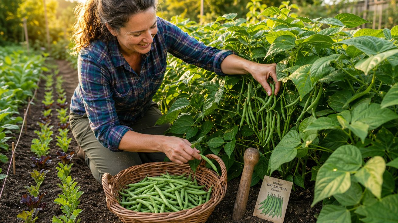 Mulher a colher feijão verde numa plantação, com cesta cheia de feijão ao lado, ao entardecer.