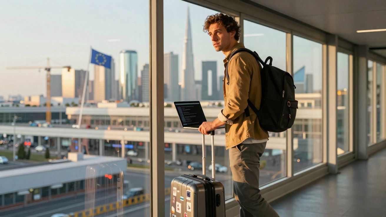 Homem com mochila e mala de viagem junto a janela grande de aeroporto com vista para cidade e bandeira da União Europeia.