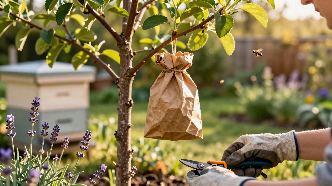 Saco de papel pendurado numa árvore com abelhas à volta e pessoa a podar plantas no jardim.