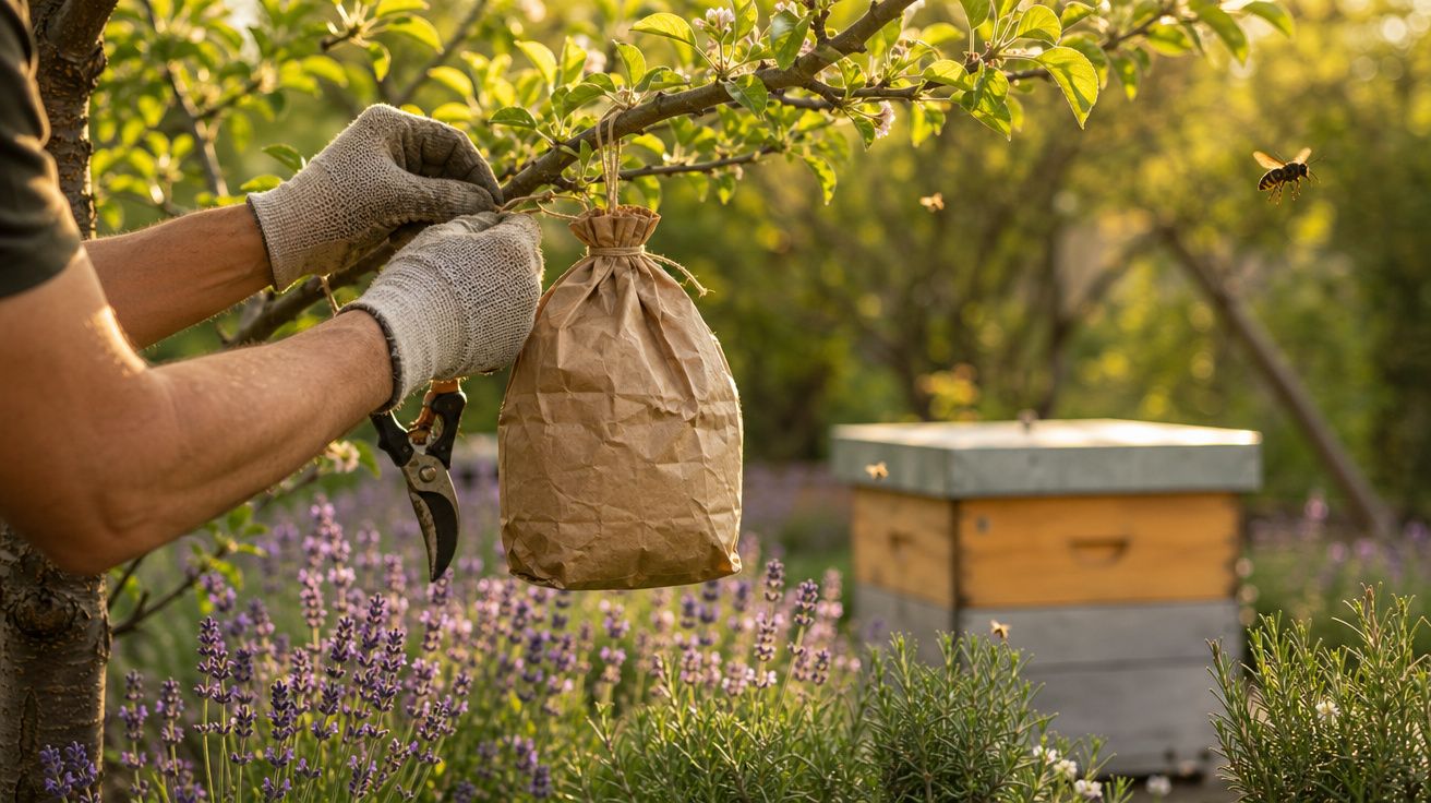 Pessoa com luvas cinzentas prende saco de papel numa árvore perto de caixa de abelhas em jardim com flores.