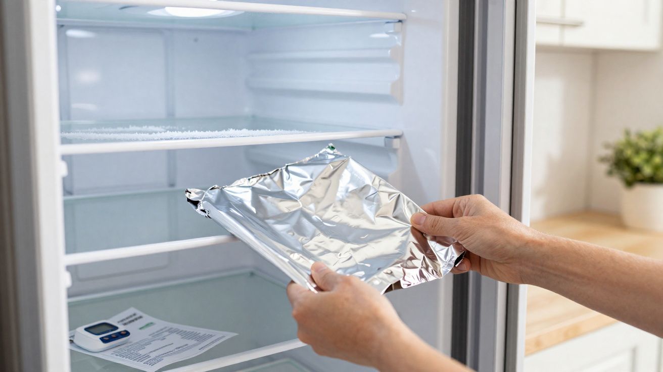 Mãos a colocar embalagem de alumínio na prateleira de um frigorífico vazio com folha e termómetro.