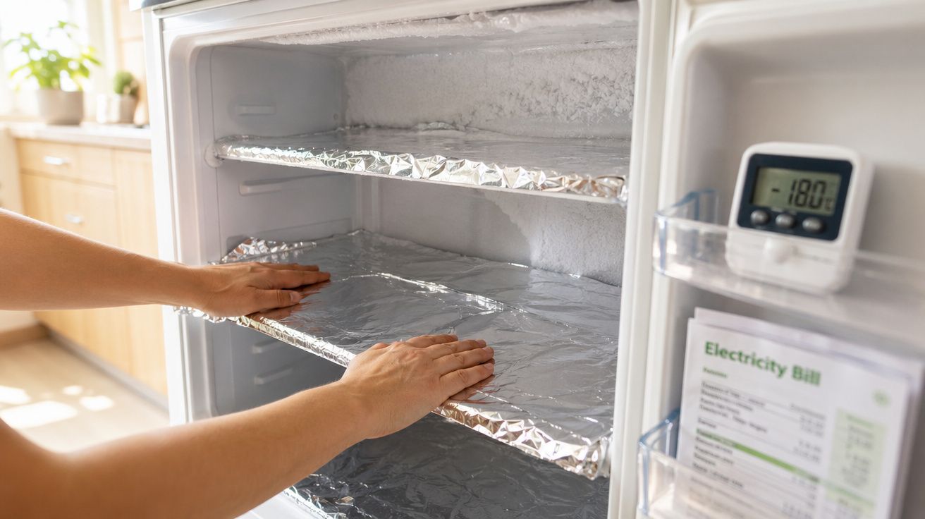 Mãos a forrar prateleiras do congelador com papel alumínio, termómetro marca -18ºC visível.