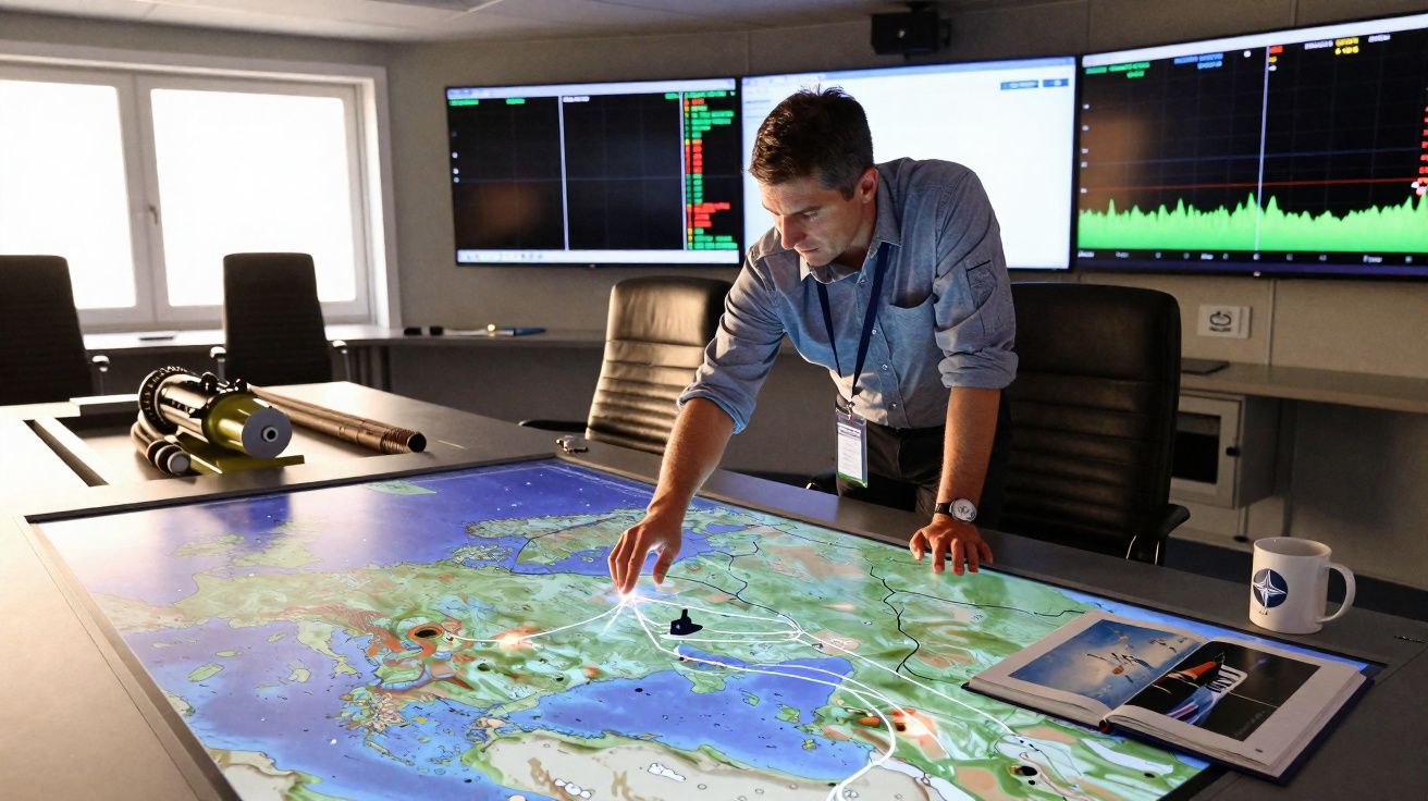Homem a interagir com mapa digital táctil numa sala de controlo com ecrãs e equipamentos.