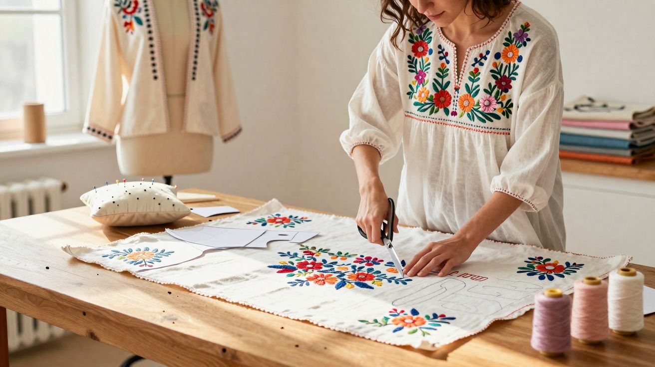 Mulher a cortar tecido bordado com flores, vestindo blusa bordada, numa mesa de madeira iluminada.