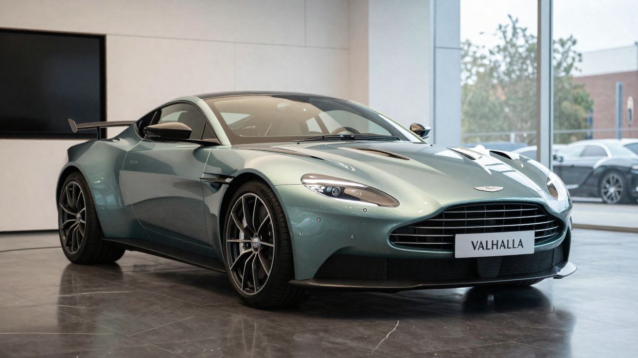 Automóvel desportivo Aston Martin Valhalla de cor verde metálico estacionado em interior moderno.