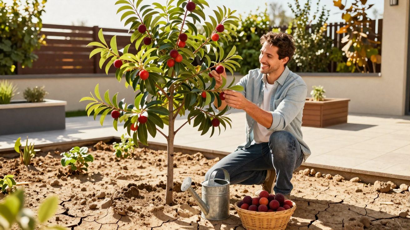 Homem a colher frutos vermelhos de uma árvore jovem num jardim ensolarado com regador e cesta cheia ao lado.
