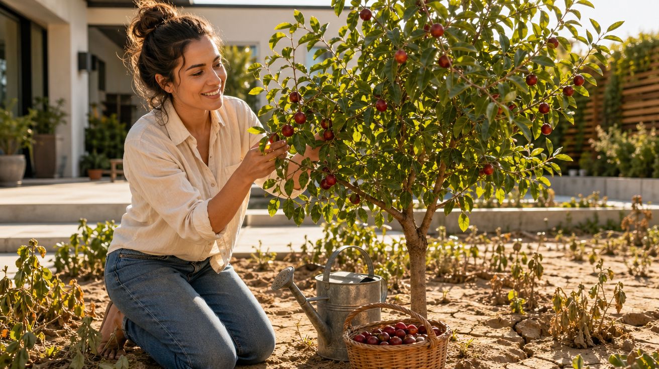 Mulher a apanhar ameixas de uma árvore num jardim ensolarado, com regador e cesta cheia ao lado.
