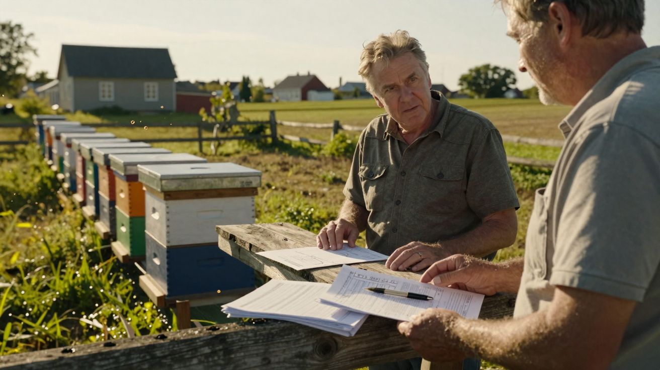 Dois homens conversam junto a colmeias de abelhas, segurando papéis e canetas numa quinta ensolarada.