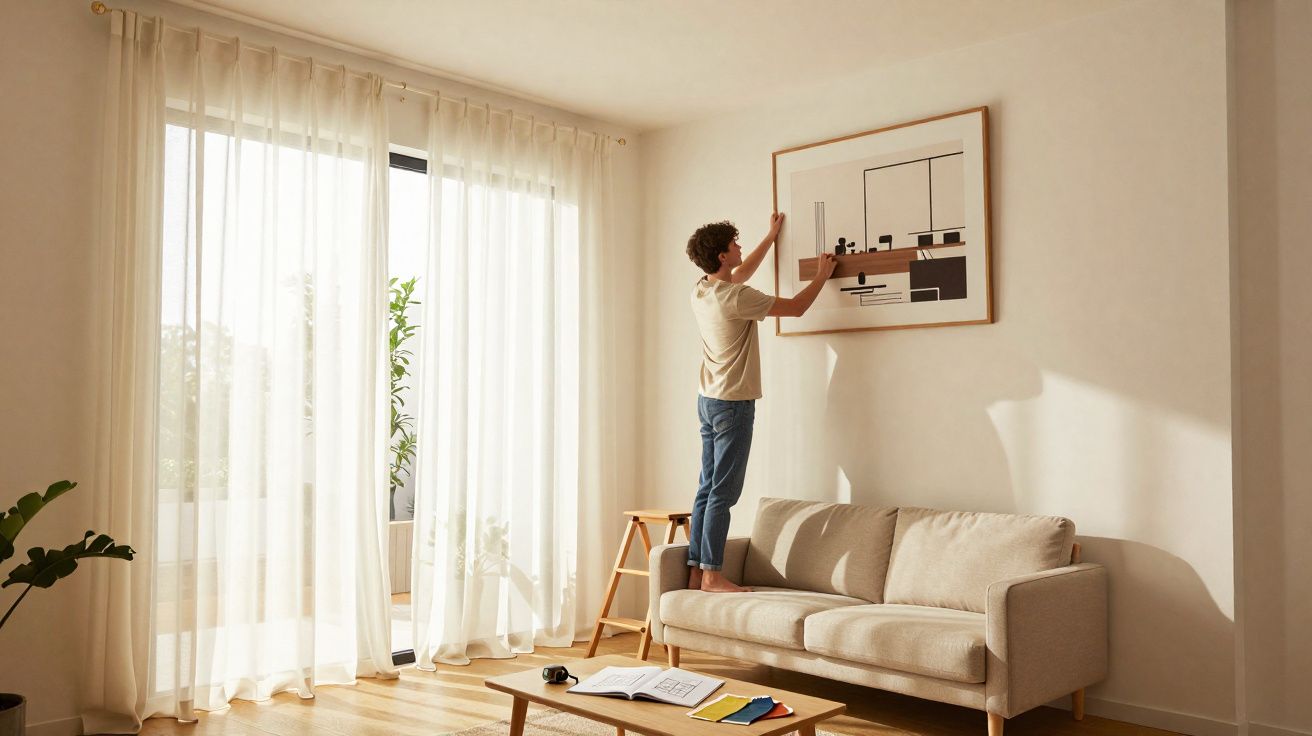 Homem em casa a pendurar quadro numa sala iluminada por luz natural com sofá, mesa de centro e cortinas claras.