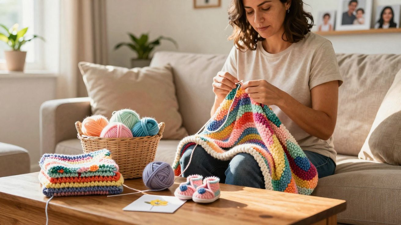 Mulher a tricotar manta colorida no sofá, com novelos de lã e pequenos sapatinhos na mesa.