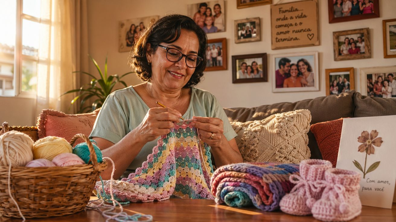 Mulher sorridente a fazer croché numa manta colorida, rodeada por novelos e sapatinhos de lã no sofá.