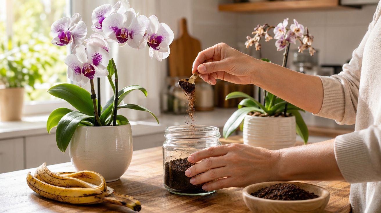Pessoa a colocar terra num frasco de vidro numa cozinha, com orquídeas e bananas na bancada.