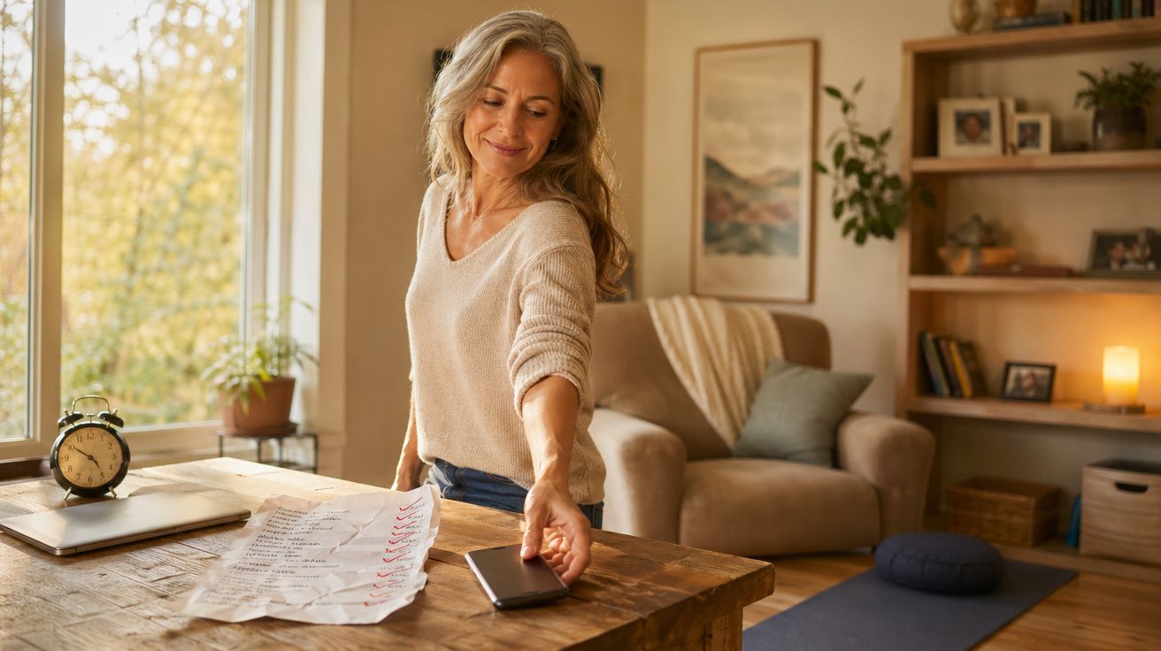 Mulher sorridente a apanhar telemóvel numa mesa com lista de tarefas, em sala de estar iluminada e acolhedora.