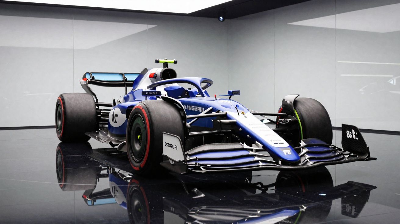 Carro de Fórmula 1 da equipa AlphaTauri em exposição num espaço moderno e minimalista.