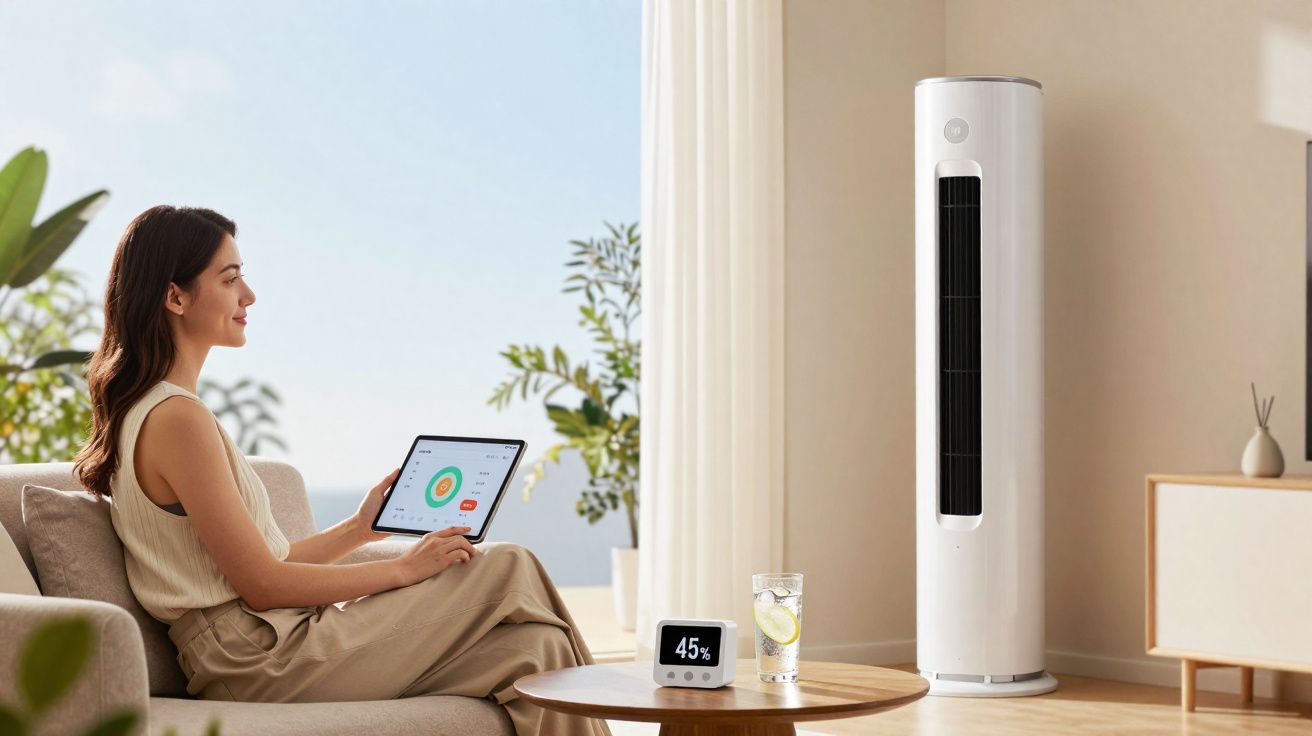 Mulher sentada no sofá a usar tablet, com ar condicionado vertical branco e um medidor na mesa.