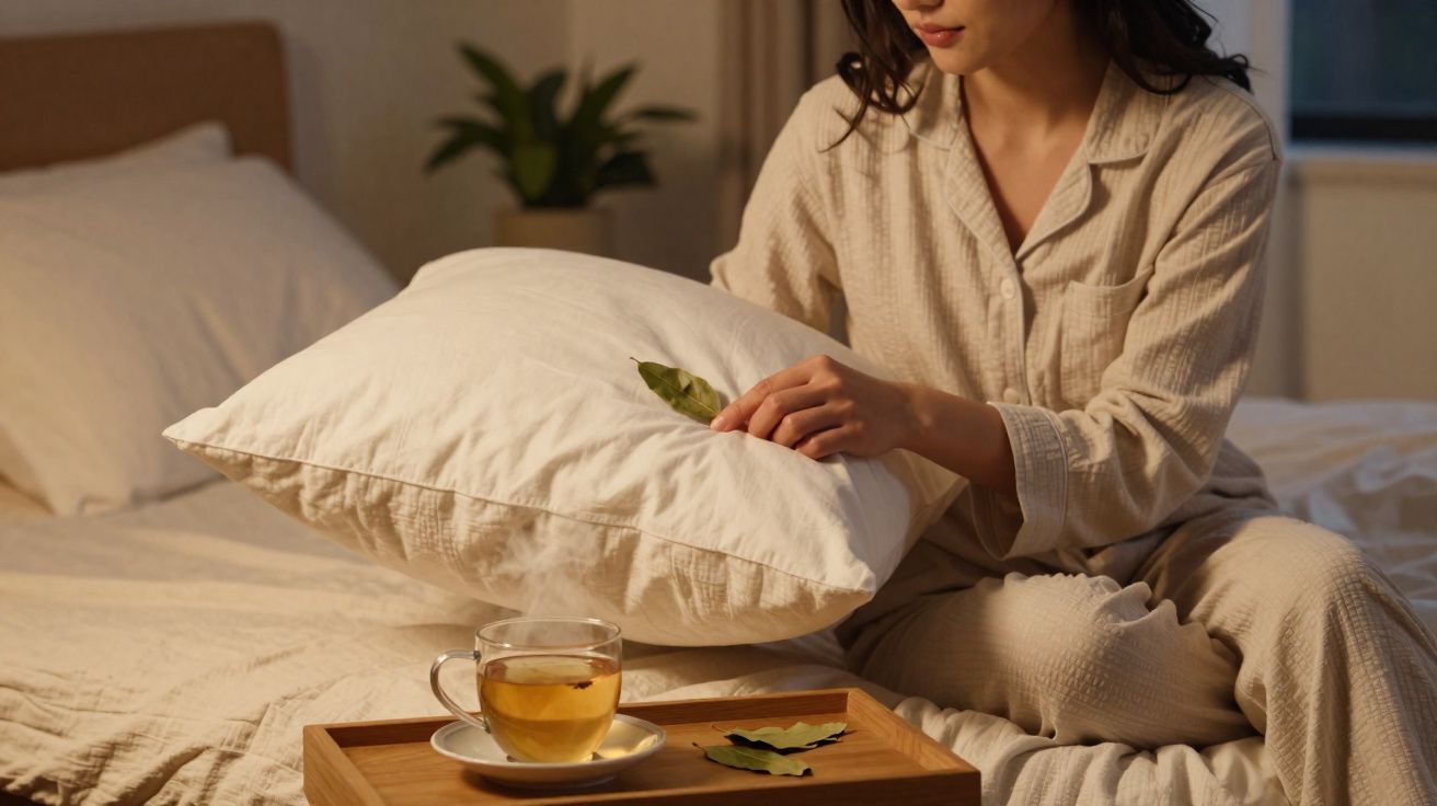 Mulher sentada na cama a colocar folhas numa almofada, com chá numa bandeja à frente, ambiente acolhedor.