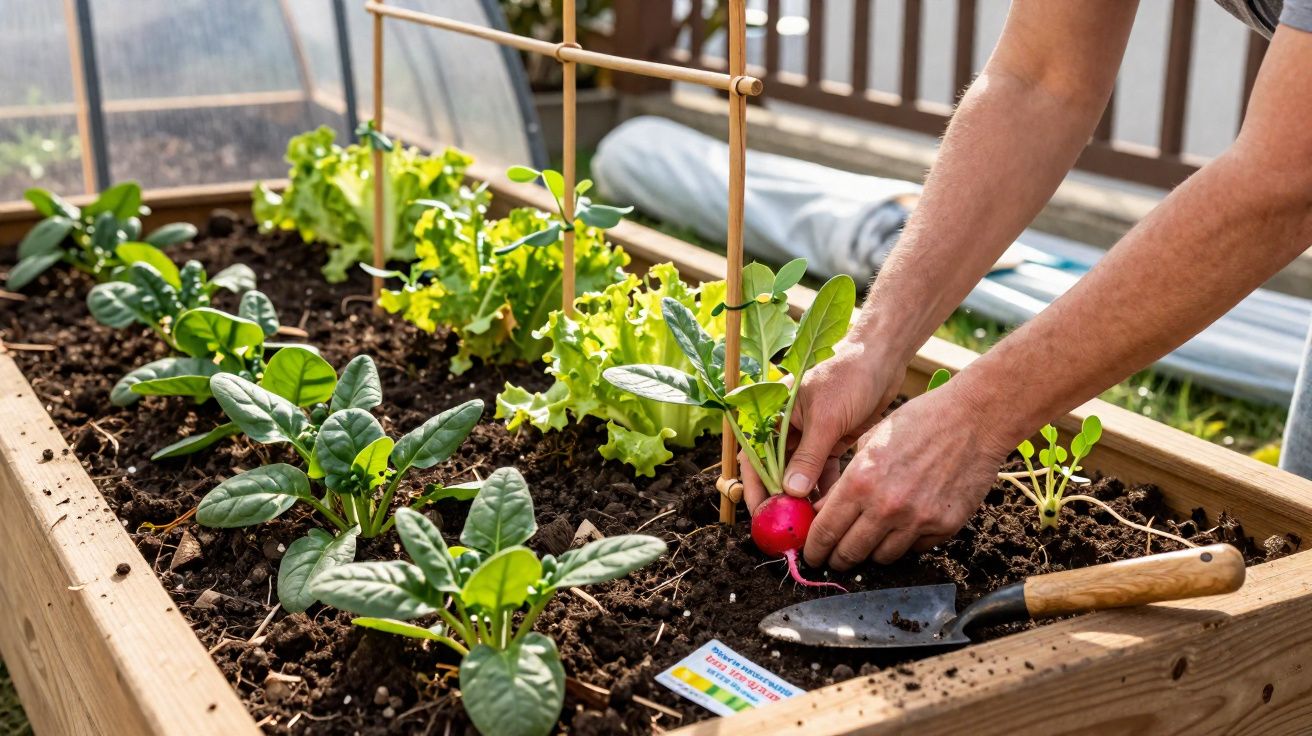 Pessoa a colher rabanete num canteiro elevado com alfaces e outras plantas verdes.