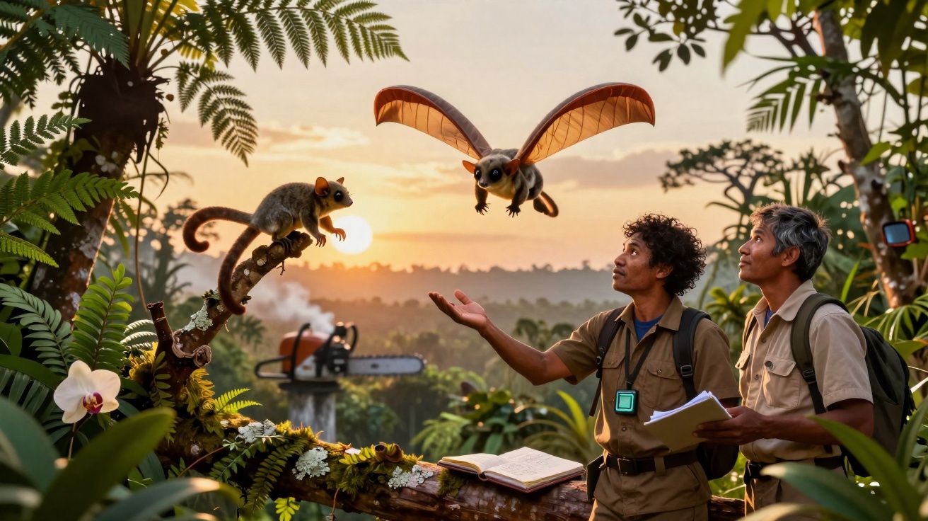 Dois cientistas observam um animal voador e outro pousado numa árvore ao pôr do sol na floresta.