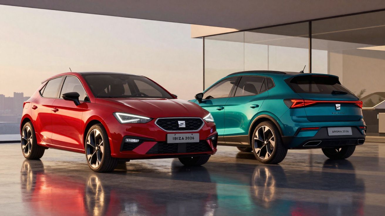 Dois carros SEAT estacionados em espaço moderno, um vermelho Ibiza 2026 e um azul Anaga 2024.