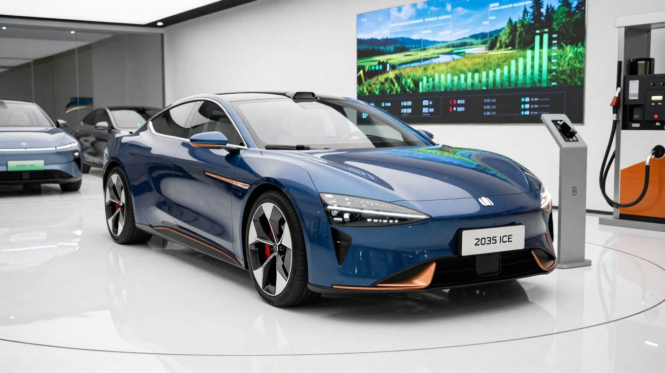 Carro elétrico azul desportivo num showroom moderno com painel digital ao fundo e estação de carregamento ao lado.