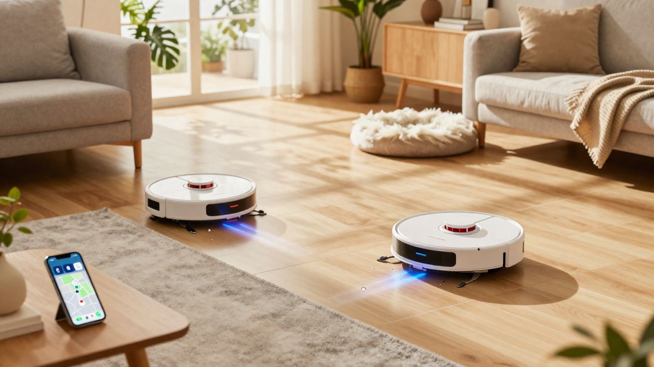 Dois robots aspiradores a limpar chão de madeira numa sala de estar moderna e luminosa com sofá cinza.