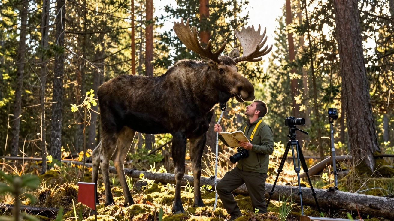 Homem com câmara observa alce gigante num bosque, rodeado por equipamento fotográfico e registo em caderno.