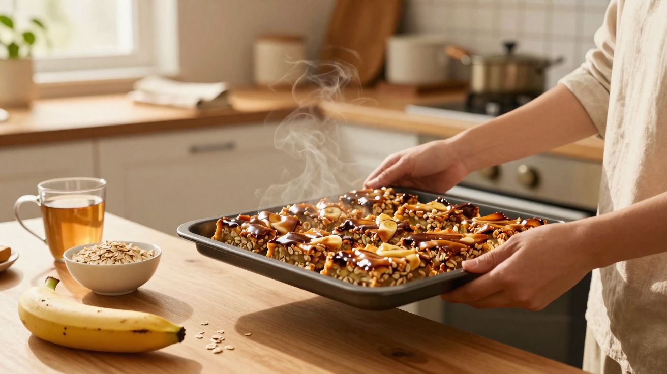 Pessoa a tirar do forno tabuleiro com barras caseiras de aveia, amêndoas e caramelo fumegante numa cozinha iluminada.