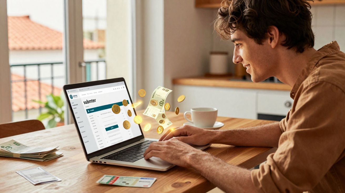 Homem a usar computador portátil com ilustração de dinheiro digital a sair do ecrã numa mesa de madeira.