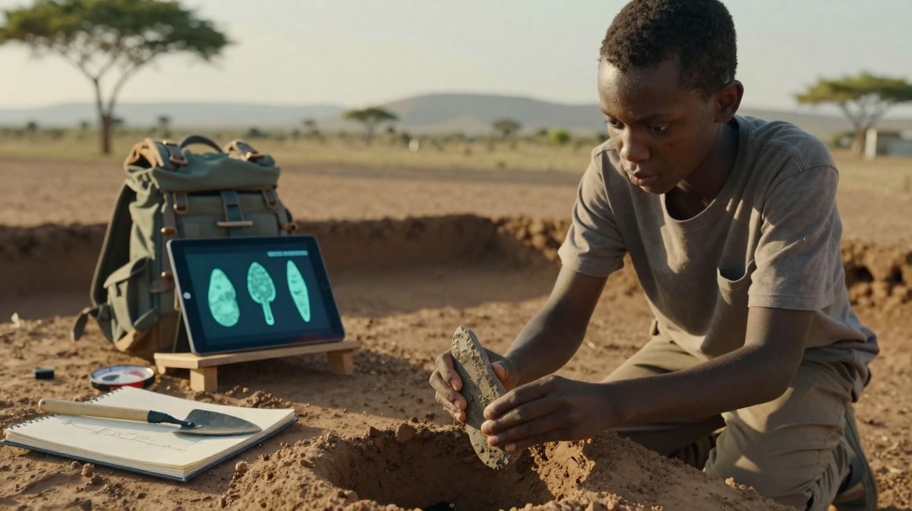 Jovem arqueólogo a examinar artefato de pedra num sítio de escavação ao ar livre, com tablet e caderno ao lado.