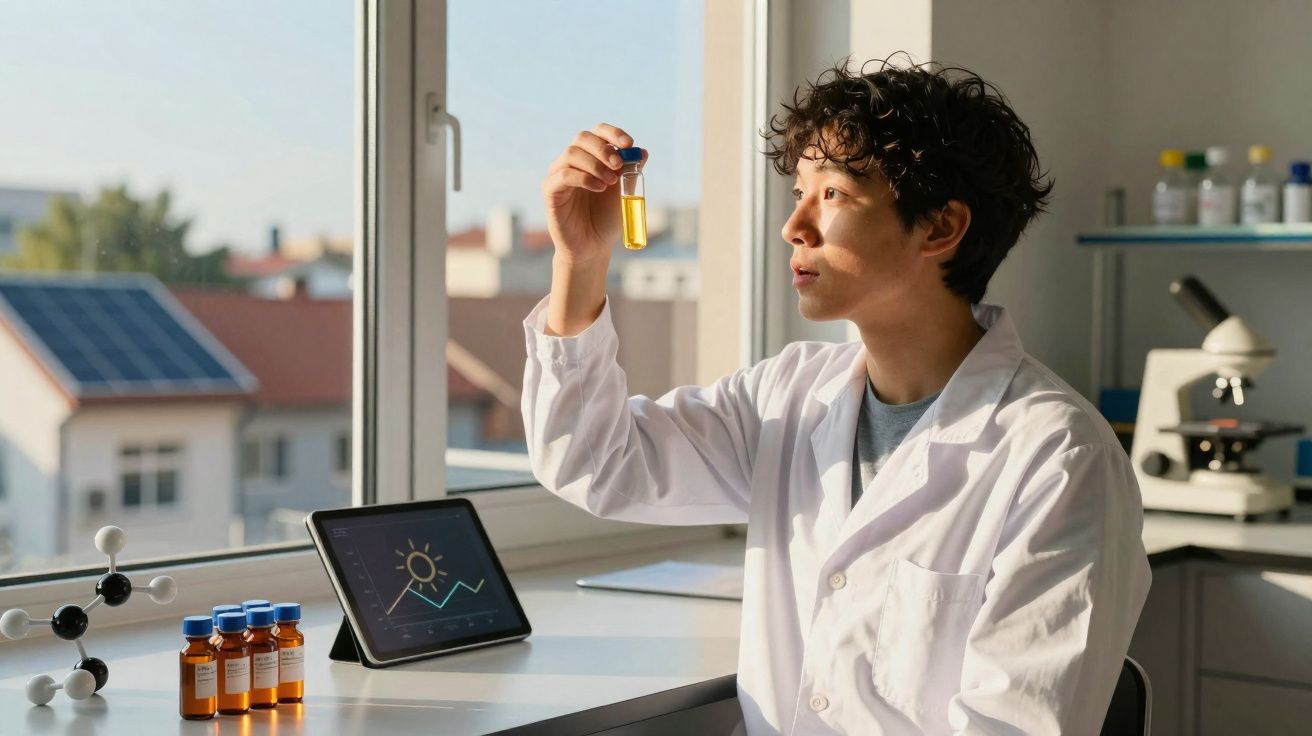 Cientista com bata branca analisa amostra líquida amarela perto de janela em laboratório iluminado pelo sol.