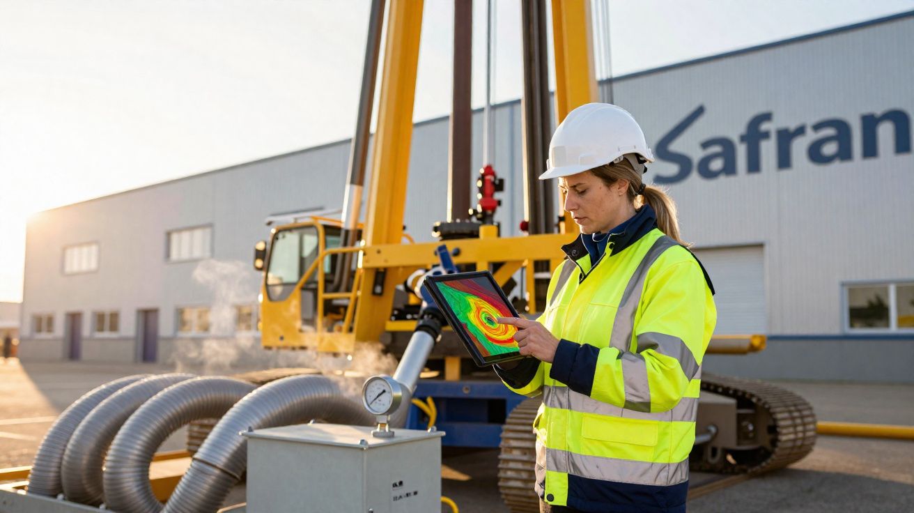 Mulher engenheira com colete refletor e capacete a controlar equipamento industrial com tablet ao ar livre.