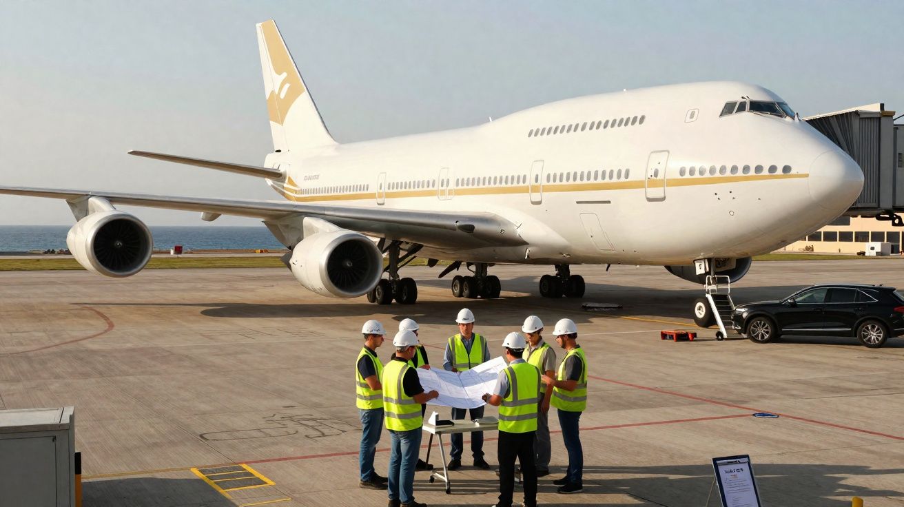 Avião branco estacionado no aeroporto com seis trabalhadores de colete refletor e capacete a analisar plantas.