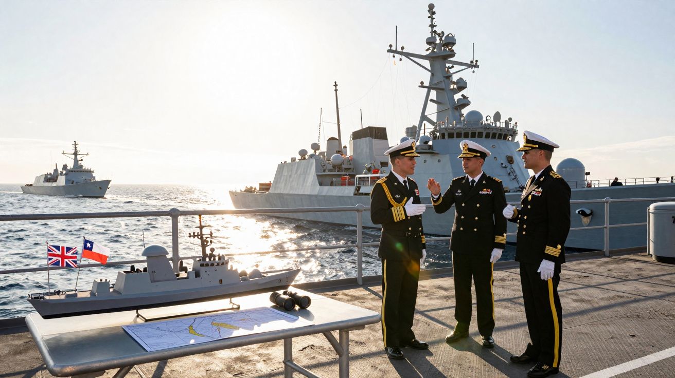 Três oficiais da marinha em convés de navio de guerra com modelos de embarcações e mar ao fundo.