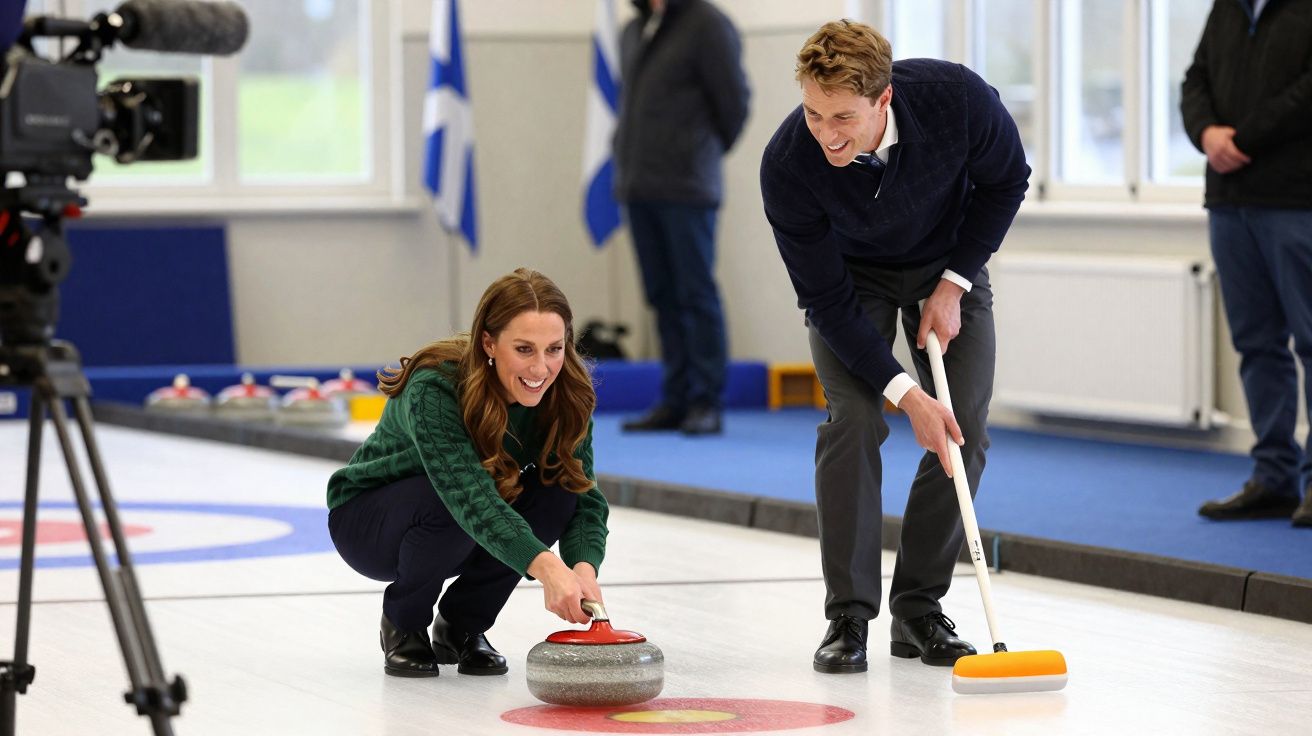 Duas pessoas a jogar curlin em pista interior, uma a lançar a pedra e outra a varrer o gelo ao lado.