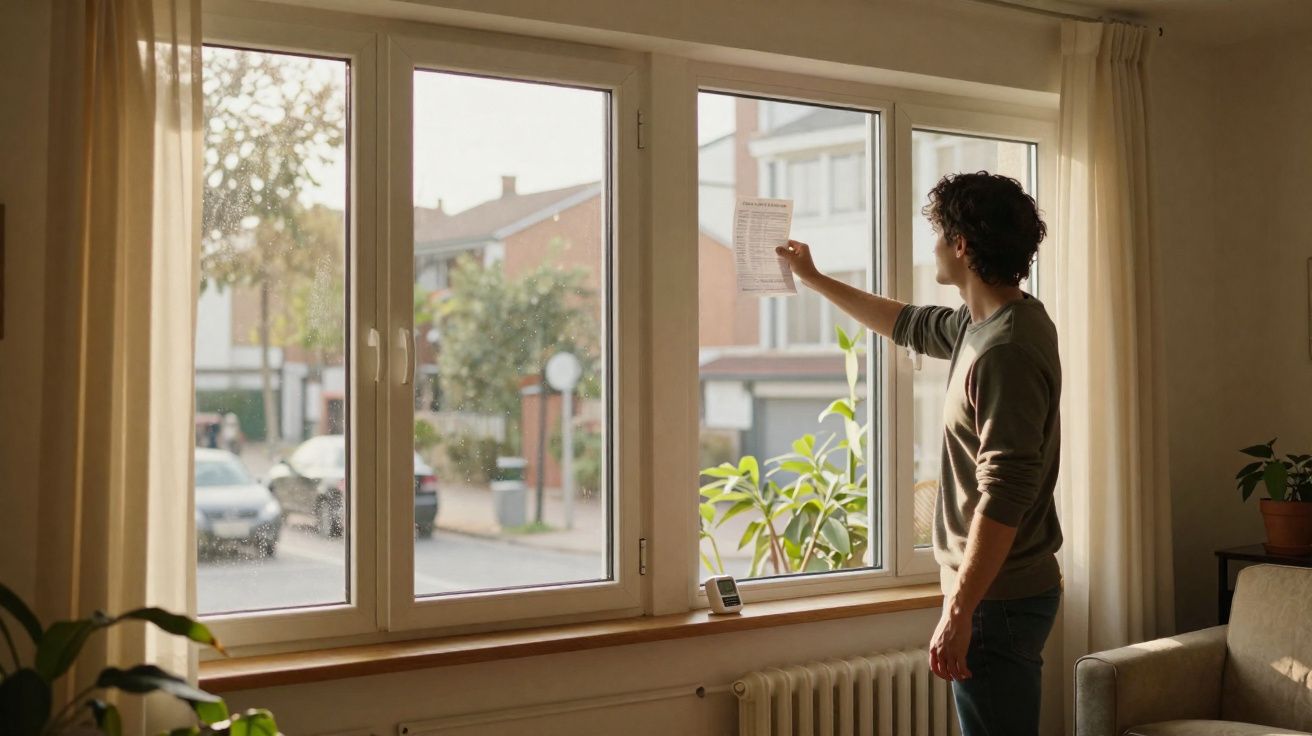 Pessoa junto a uma janela segurando um papel na mão num ambiente interior com plantas e cortinas claras.