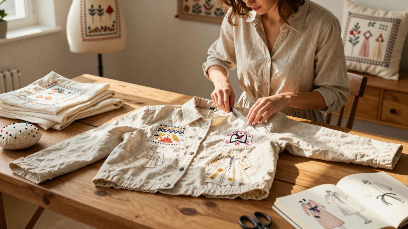 Mulher a aplicar bordados coloridos em casaco bege numa mesa de madeira iluminada pelo sol.