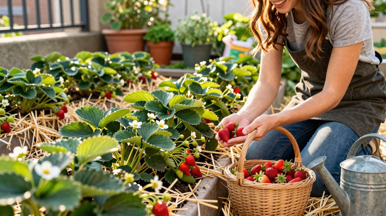 Mulher recolhe morangos maduros num cesto numa horta caseira com plantas e regador ao lado.