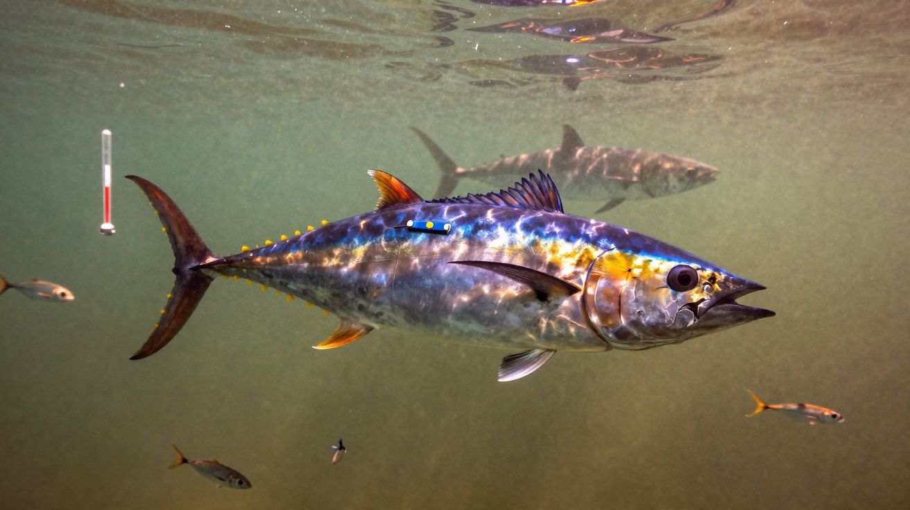 Atum grande com dispositivo de rastreamento no corpo a nadar em água turva com outros peixes ao redor.