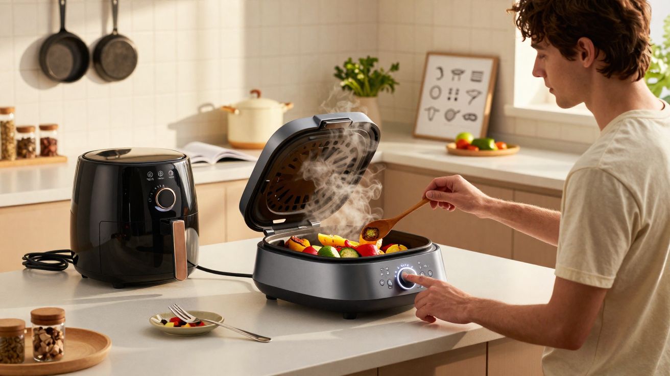 Pessoa a cozinhar legumes num forno elétrico de bancada numa cozinha moderna e luminosa.