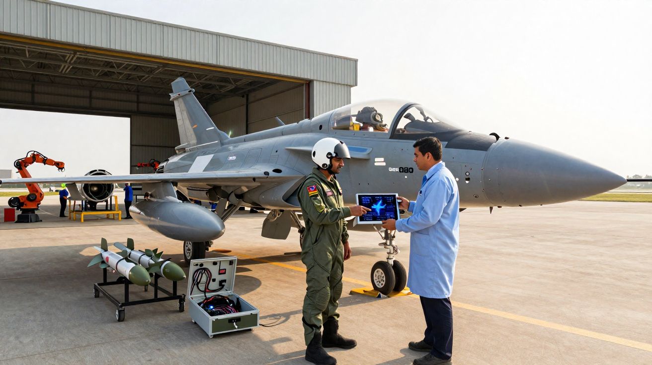 Dois homens discutem dados em tablet perto de caça militar estacionado junto a hangar com equipamento.