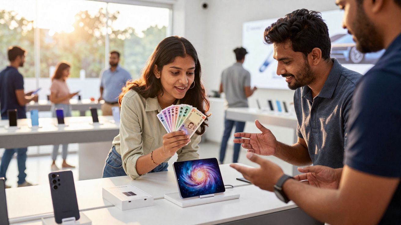 Mulher mostra dinheiro a dois homens numa loja moderna de tecnologia com dispositivos em exposição.